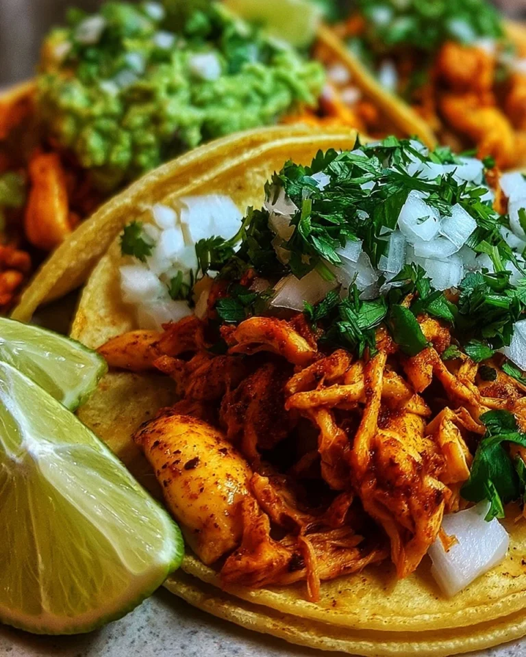 A plate of authentic chicken street tacos garnished with fresh cilantro and lime