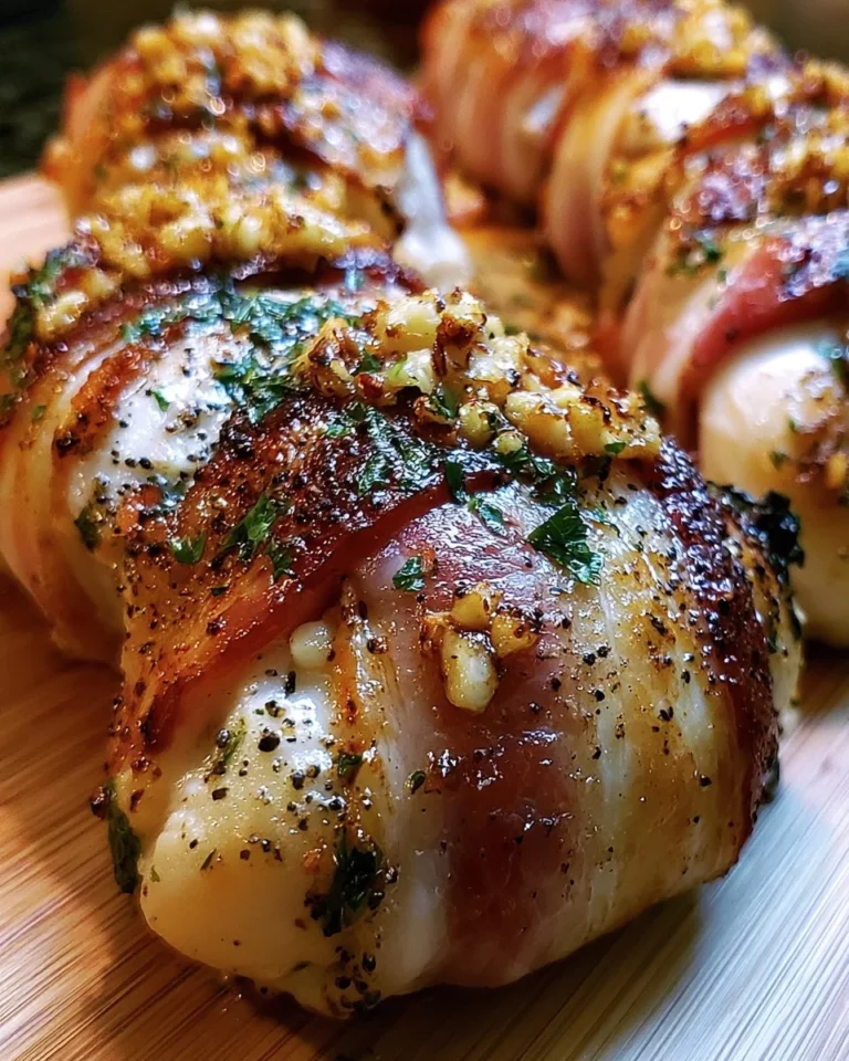 Bacon wrapped chicken with garlic and parmesan on a plate.
