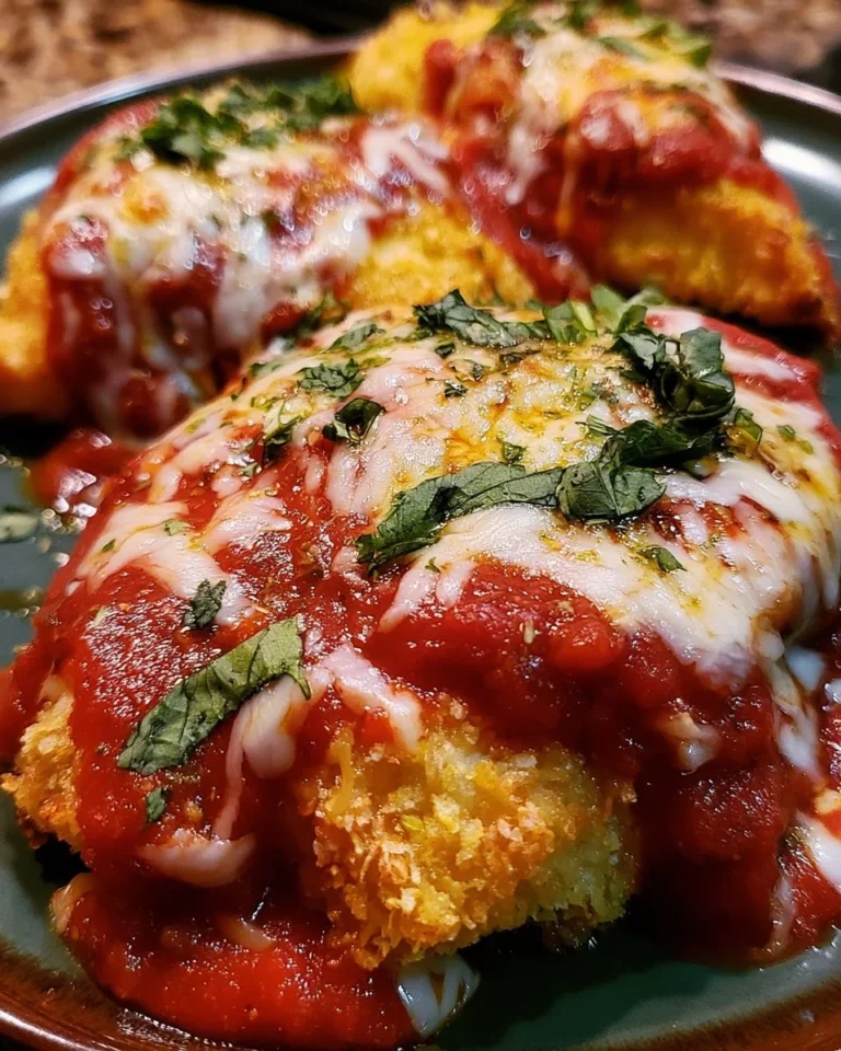 Delicious Baked Chicken Parmesan on a plate, garnished with fresh herbs.