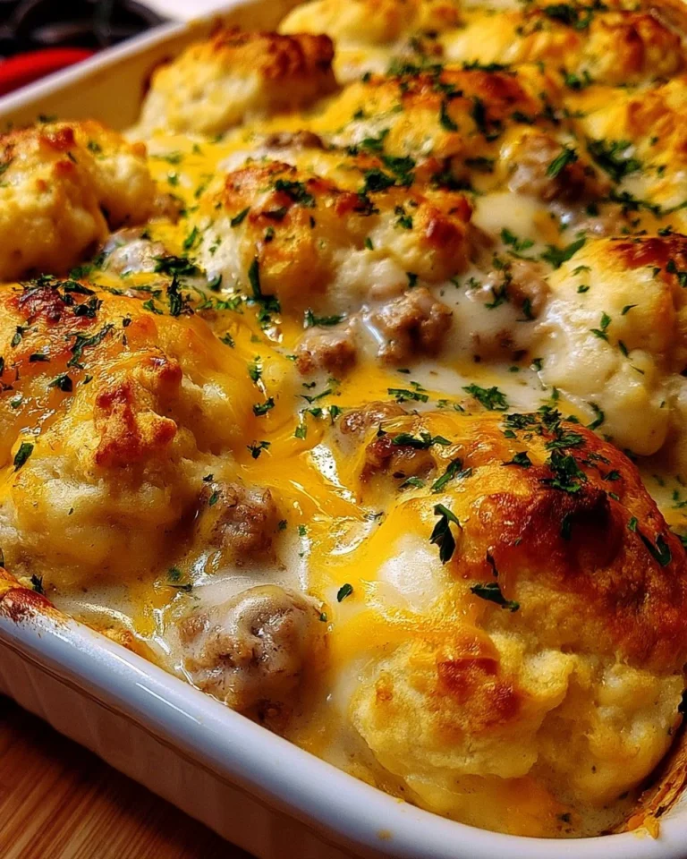 Delicious Biscuits and Gravy Casserole topped with creamy sausage gravy
