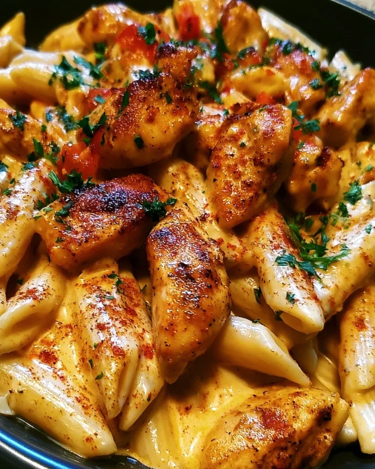 Delicious creamy Cajun chicken pasta served in a white bowl with fresh herbs.