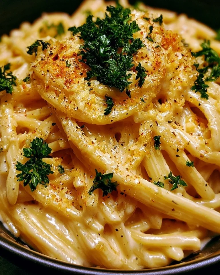 Delicious creamy garlic pasta served in a bowl with parsley garnish