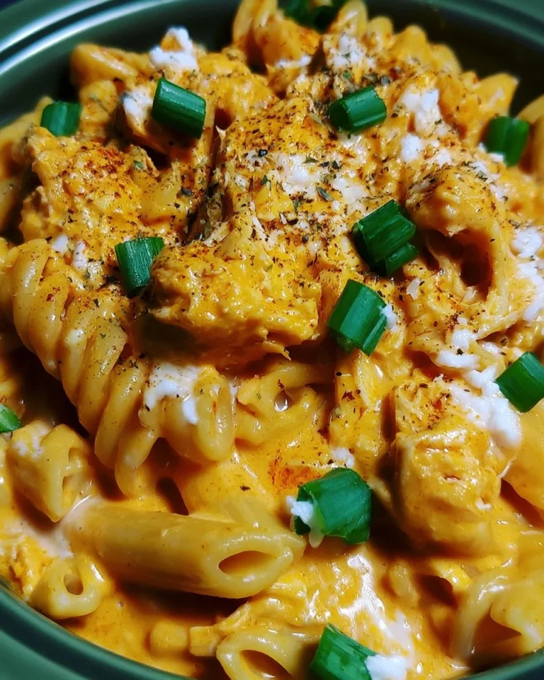 Creamy Spicy Buffalo Chicken Pasta garnished with herbs on a plate