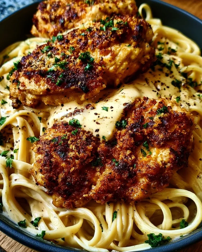 Crispy Chicken Fettuccine Alfredo served on a plate with fresh herbs and cheese.