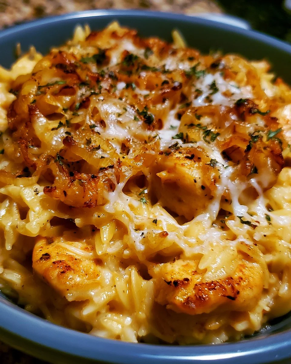 French Onion Chicken Orzo Casserole