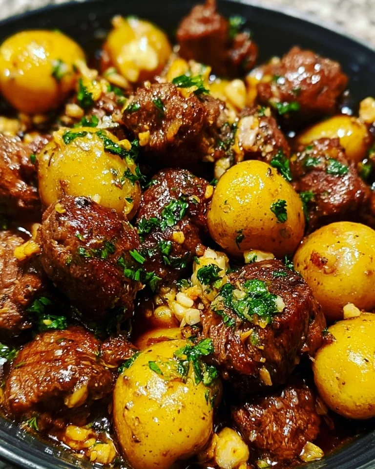 Delicious garlic butter beef bites with tender potatoes served on a plate.