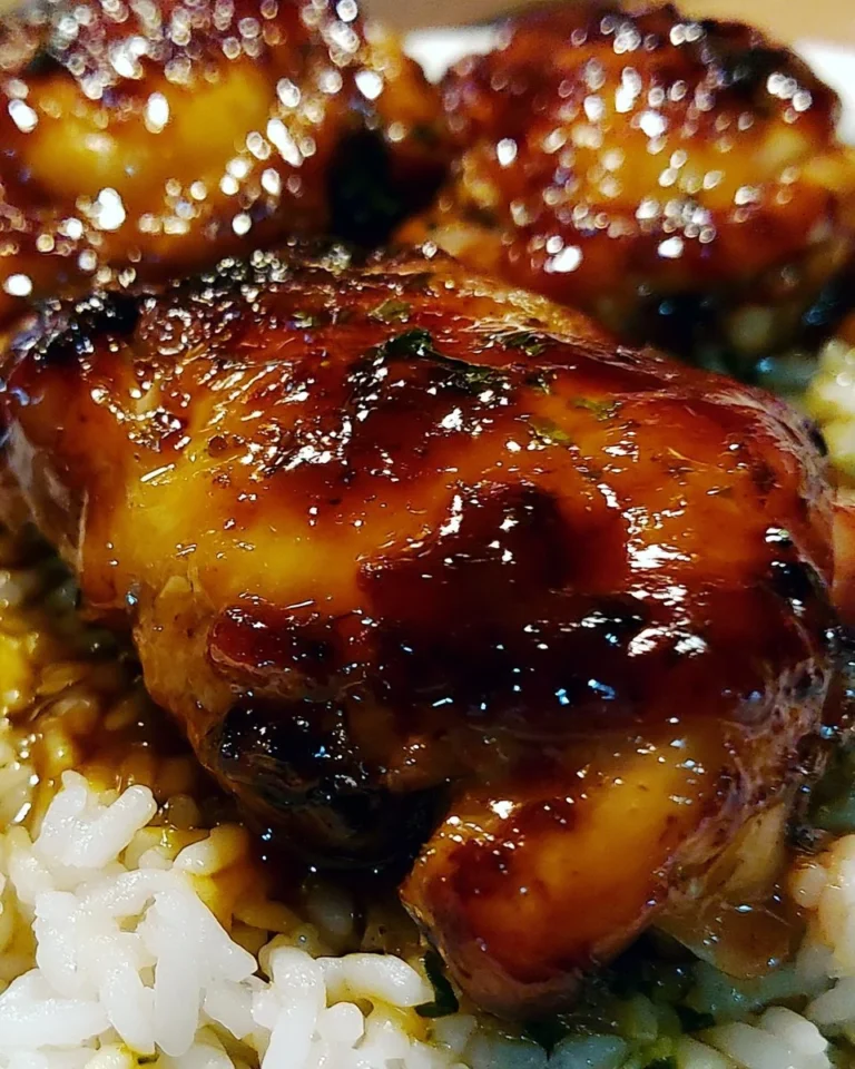 Delicious plate of Honey BBQ Chicken served with rice and garnished with vegetables.