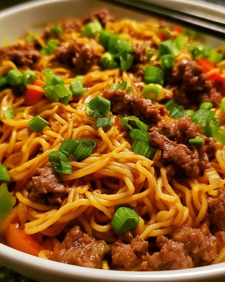 Mongolian Ground Beef Noodles served in a bowl with fresh vegetables