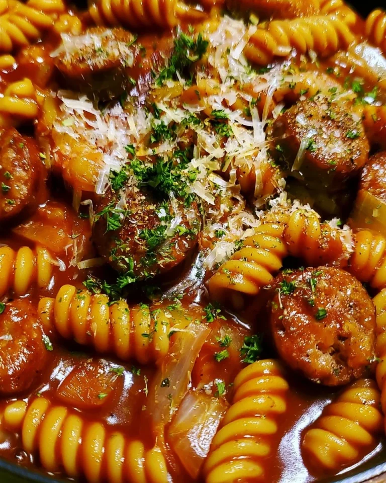 One-Pot Honey BBQ Sausage Pasta served in a bowl with fresh herbs on top.