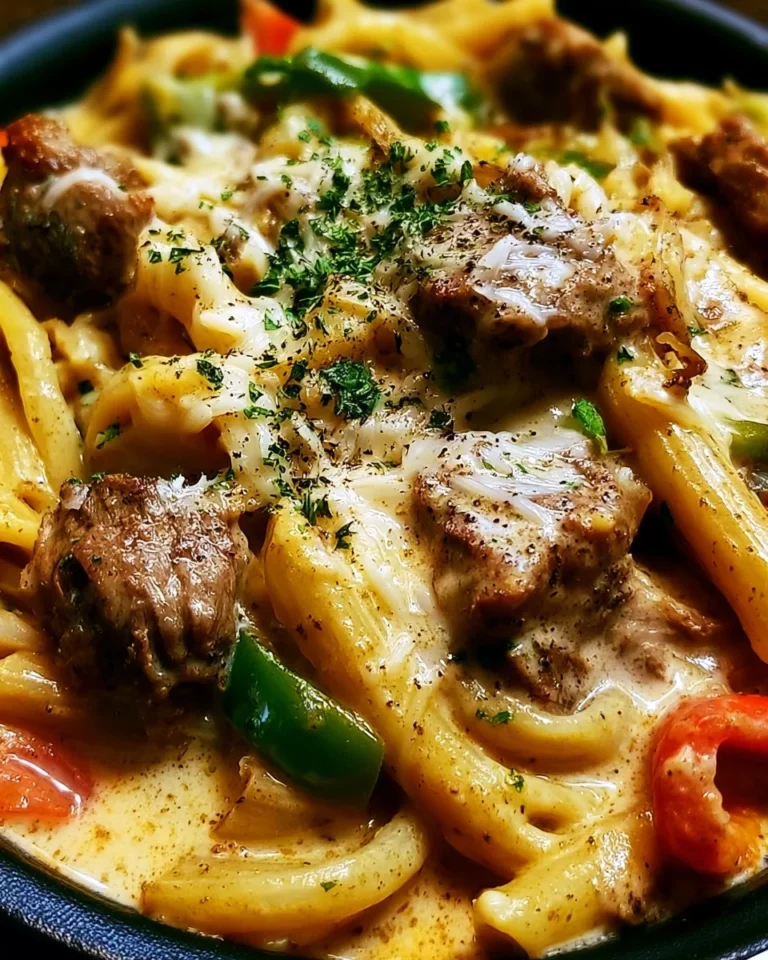 Philly Cheese Steak Pasta served with melted cheese and beef strips