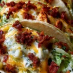 Baked chicken bacon ranch tacos topped with cheese and fresh ingredients