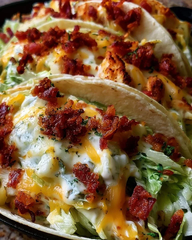 Baked chicken bacon ranch tacos topped with cheese and fresh ingredients