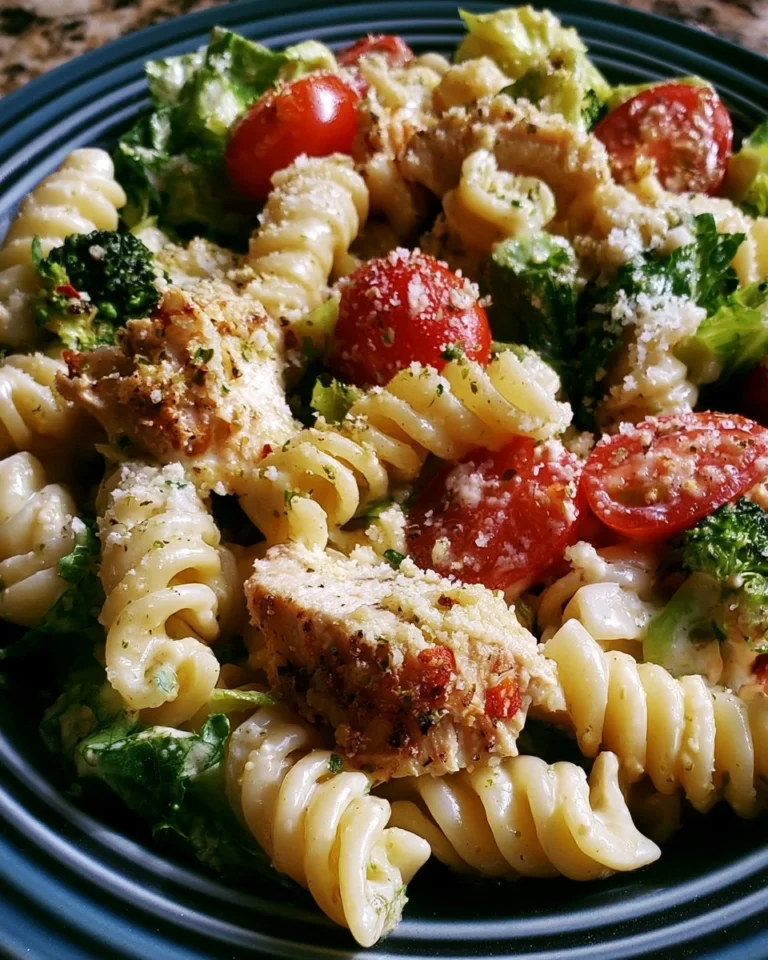 Delicious Chicken Caesar Pasta Salad with greens, grilled chicken, and dressing