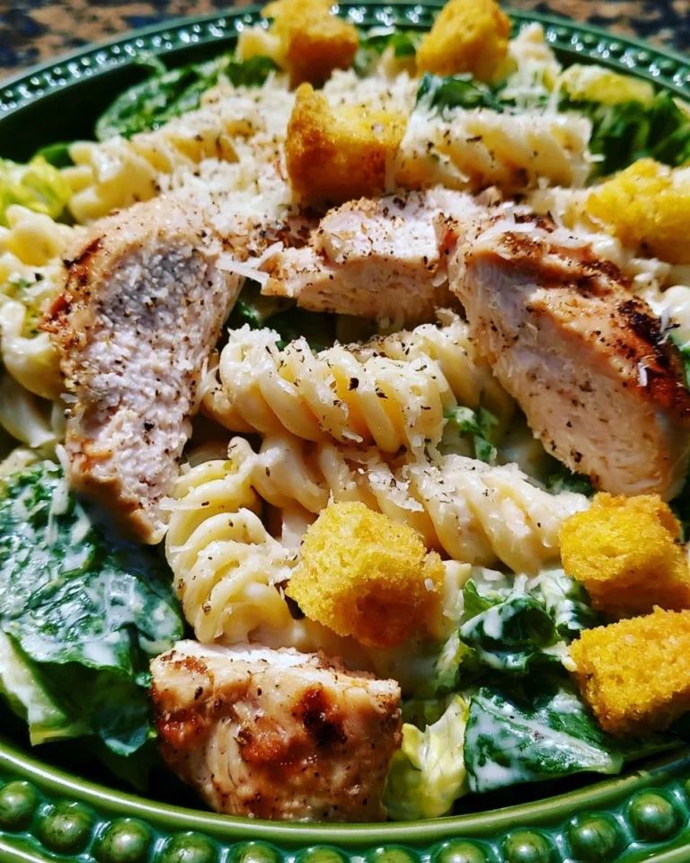Delicious Chicken Caesar Pasta Salad with chicken, romaine lettuce, and Caesar dressing