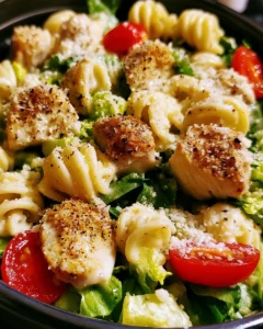 Delicious Chicken Caesar Pasta Salad with chicken, pasta, and Caesar dressing.