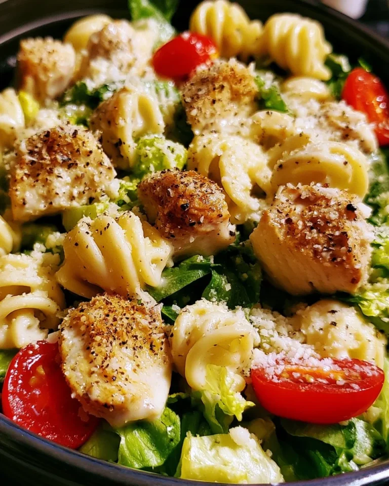 Delicious Chicken Caesar Pasta Salad with chicken, pasta, and Caesar dressing.