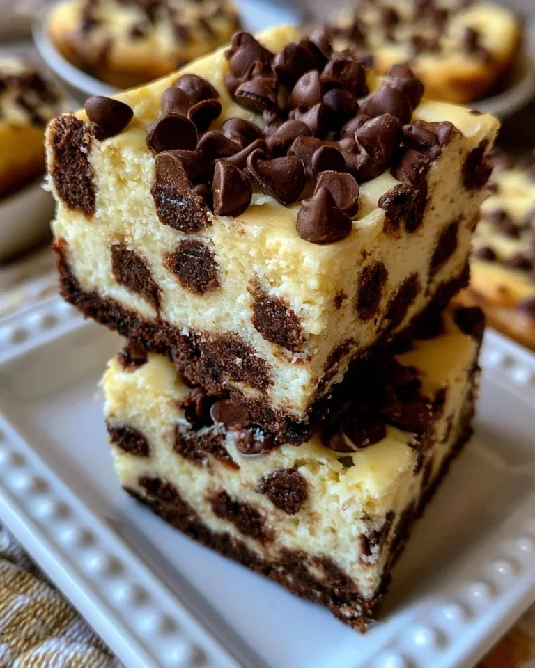 Delicious chocolate chip cheesecake bars on a plate garnished with chocolate chips