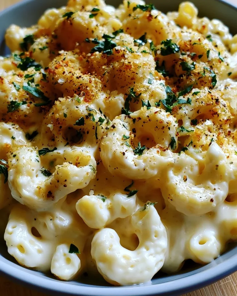 Cream cheese pasta dish served in a bowl with herbs on top.