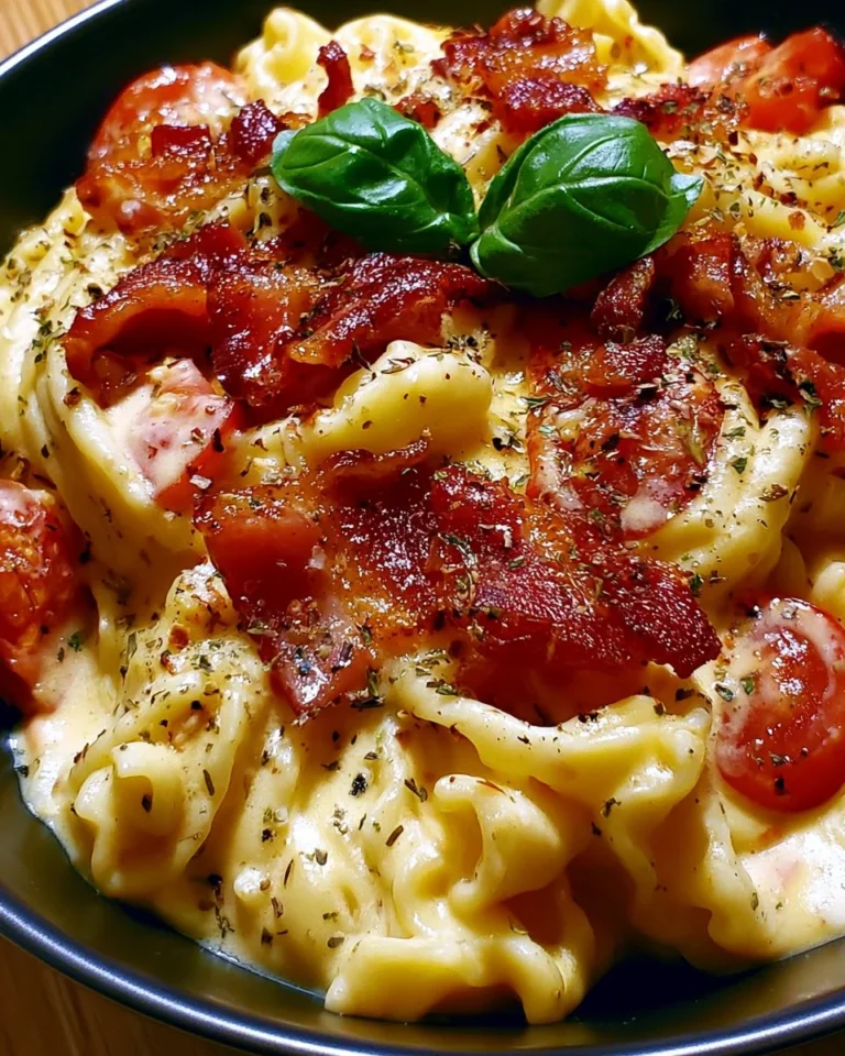 Creamy bacon pasta served in a bowl topped with fresh herbs