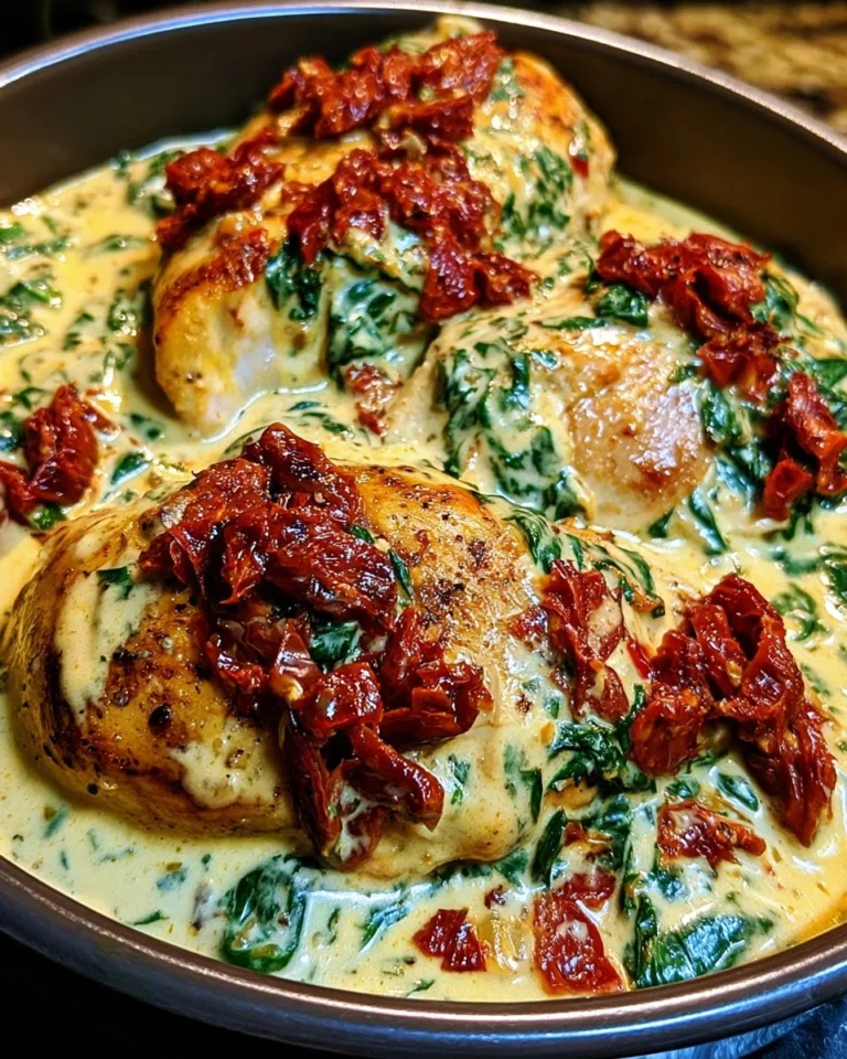 Creamy chicken with sun-dried tomatoes and spinach served on a plate.