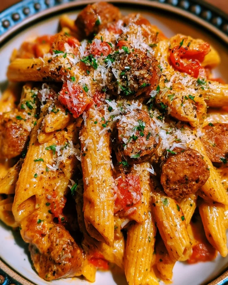Creamy spicy Cajun sausage pasta garnished with herbs on a white plate