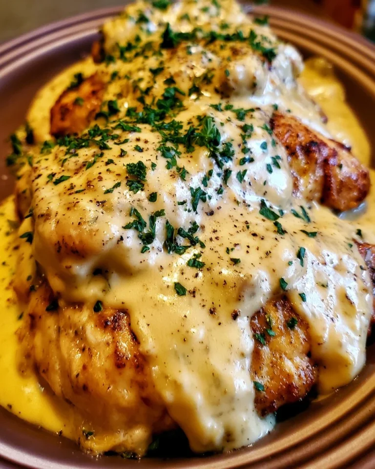 Crockpot Chicken with creamy gravy served on a plate