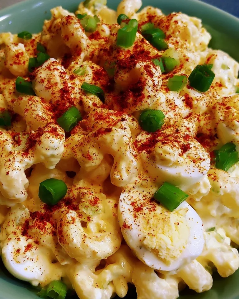 Creamy deviled egg pasta salad served in a bowl with fresh herbs