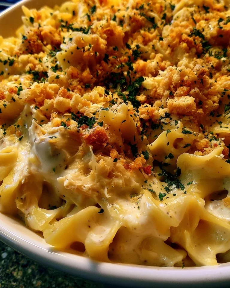 Dolly's creamy chicken noodle casserole topped with fresh parsley in a baking dish