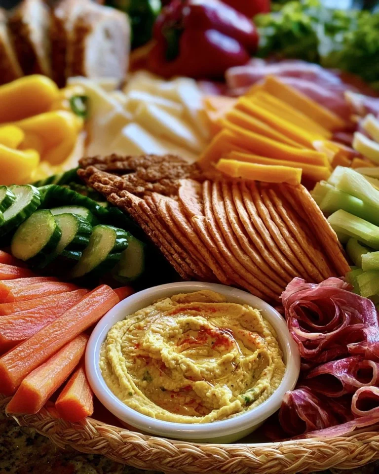 Colorful and enticing easy appetizer platter with assorted snacks and dips.