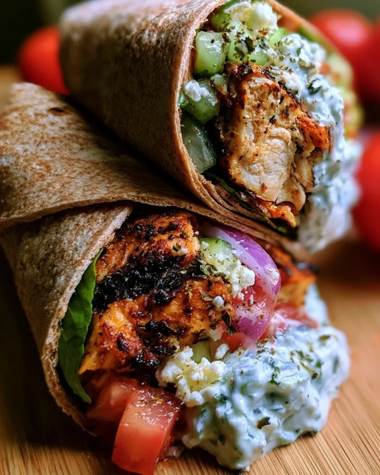 Delicious Greek Chicken Wrap filled with fresh veggies and tzatziki sauce
