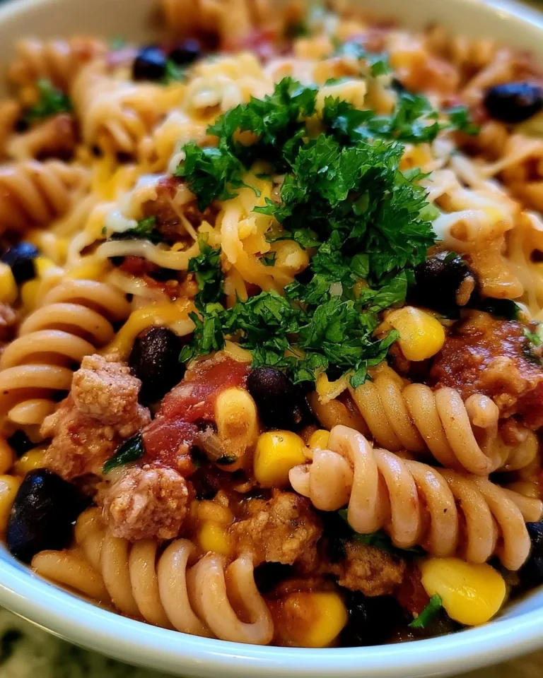 High Protein Taco Pasta served in a bowl with fresh toppings