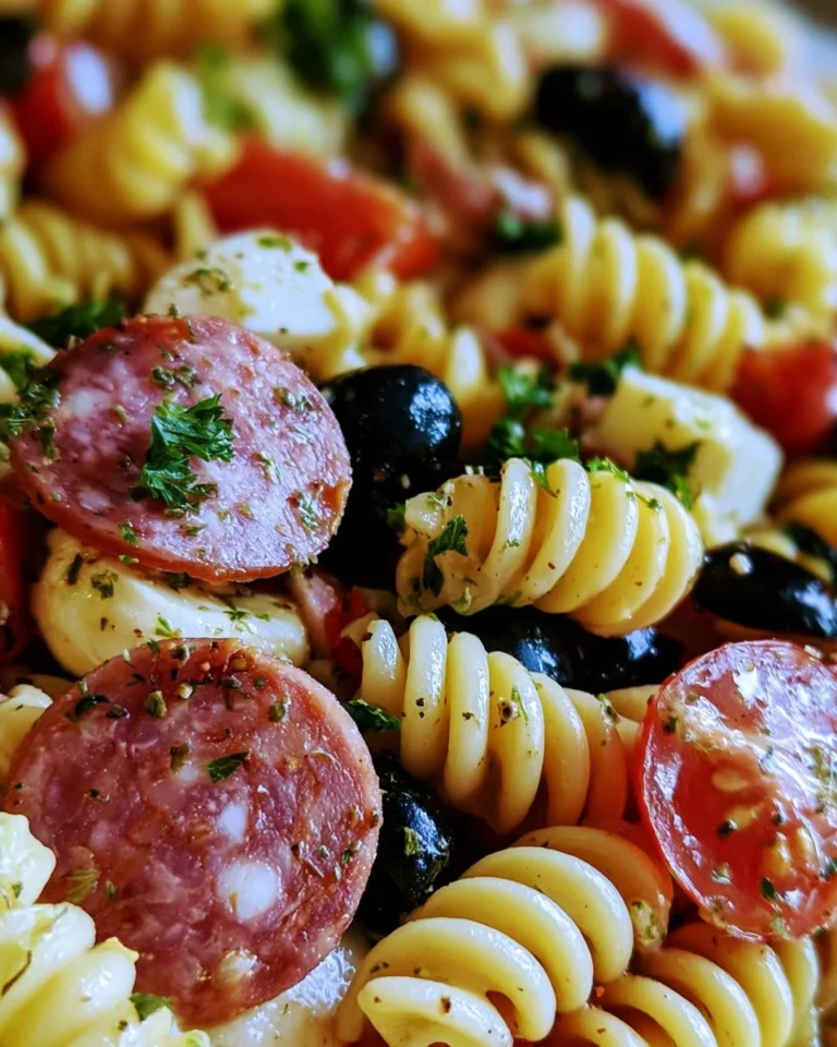Colorful Italian Pasta Salad with fresh vegetables and dressing in a bowl.
