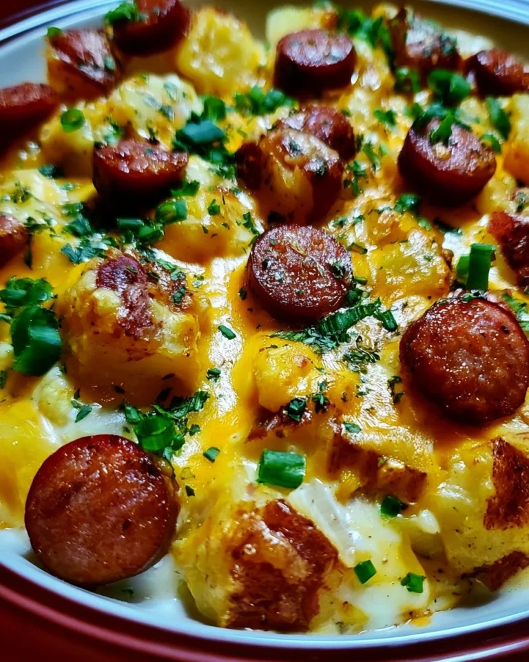 Delicious kielbasa sausage cheesy potato casserole in a baking dish