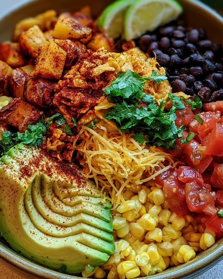 Loaded Potato Taco Bowl with toppings and ingredients in a colorful serving dish