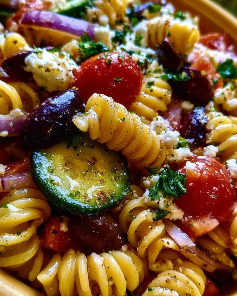Colorful Mediterranean Pasta Salad with vegetables and olives