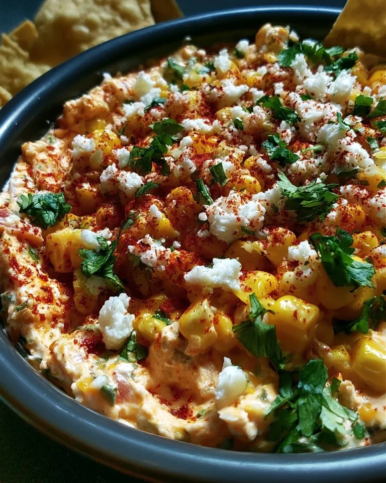 Delicious Mexican street corn dip served in a bowl with toppings