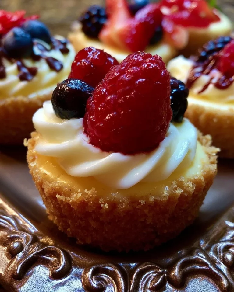 Delicious mini cheesecakes served on a platter with fresh berries