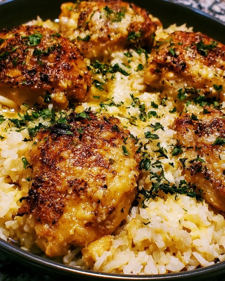 One-Pot Garlic Parmesan Chicken served with rice in a skillet