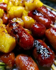 Pineapple Brown Sugar Smokies skewers on a platter, garnished beautifully.