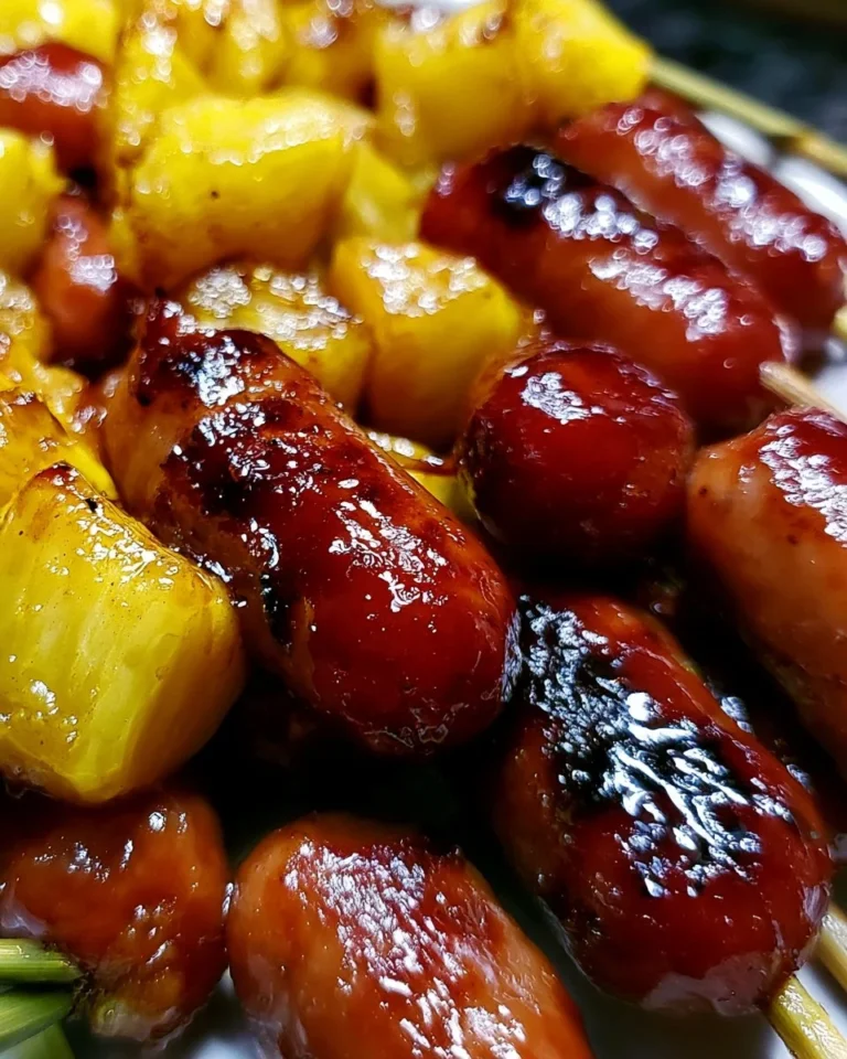 Pineapple Brown Sugar Smokies skewers on a platter, garnished beautifully.