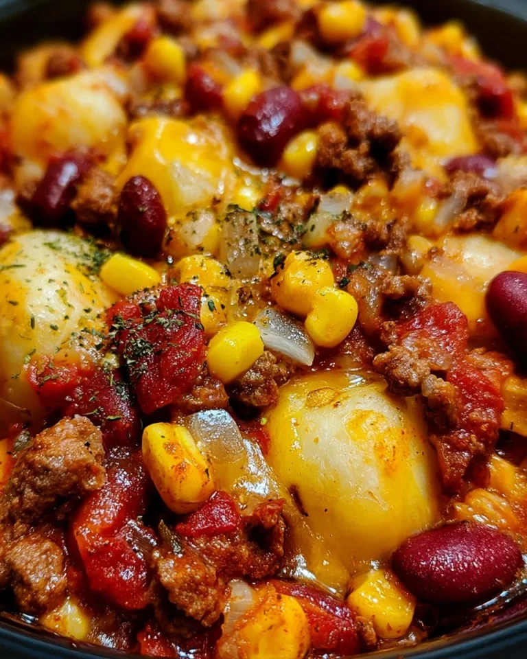 Slow Cooker Cowboy Casserole dish made with ground beef, beans, and corn