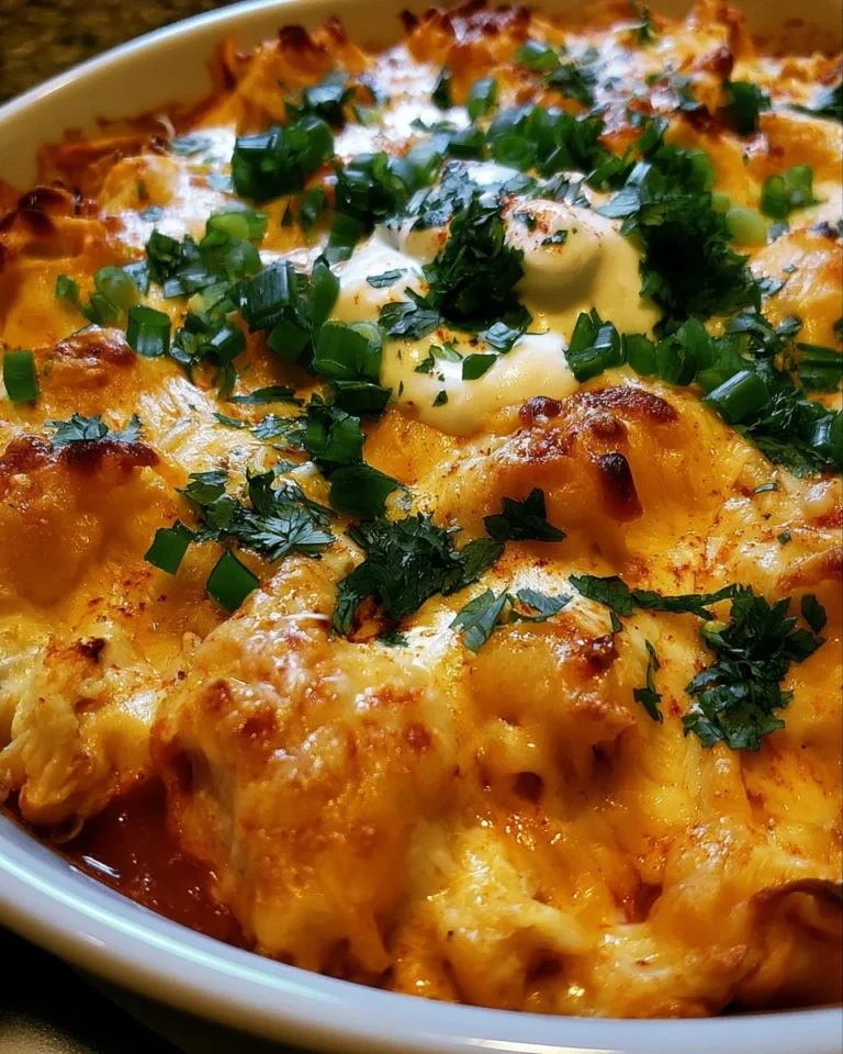 Sour Cream Chicken Enchilada Casserole served on a plate with toppings