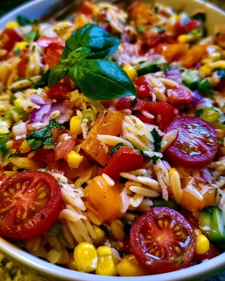 Delicious summer orzo pasta salad with colorful vegetables and herbs