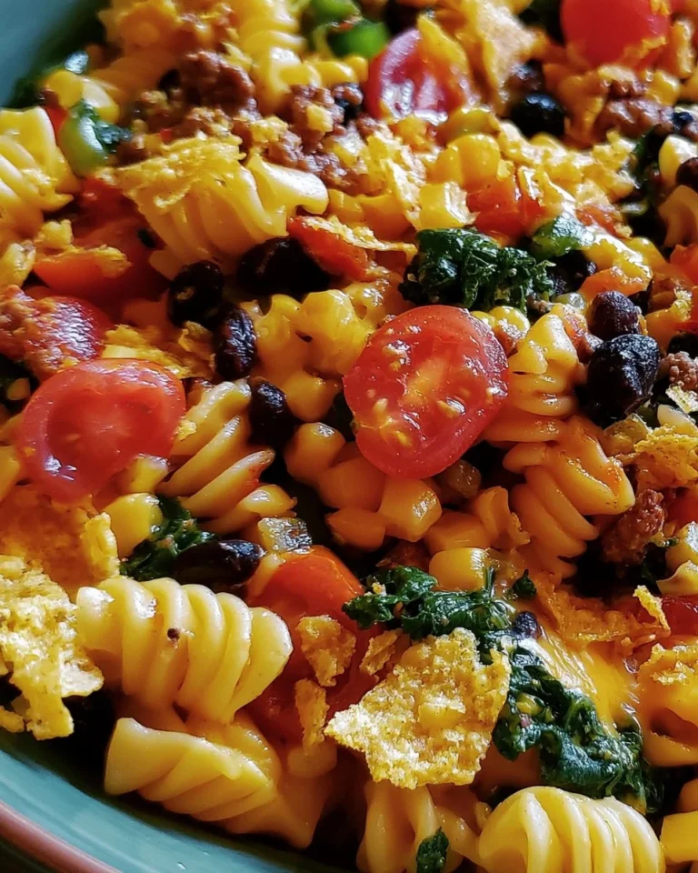 Colorful Taco Pasta Salad with fresh vegetables and toppings in a bowl.