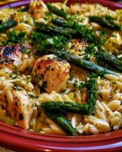 Plate of orzo with chicken and asparagus garnished with herbs