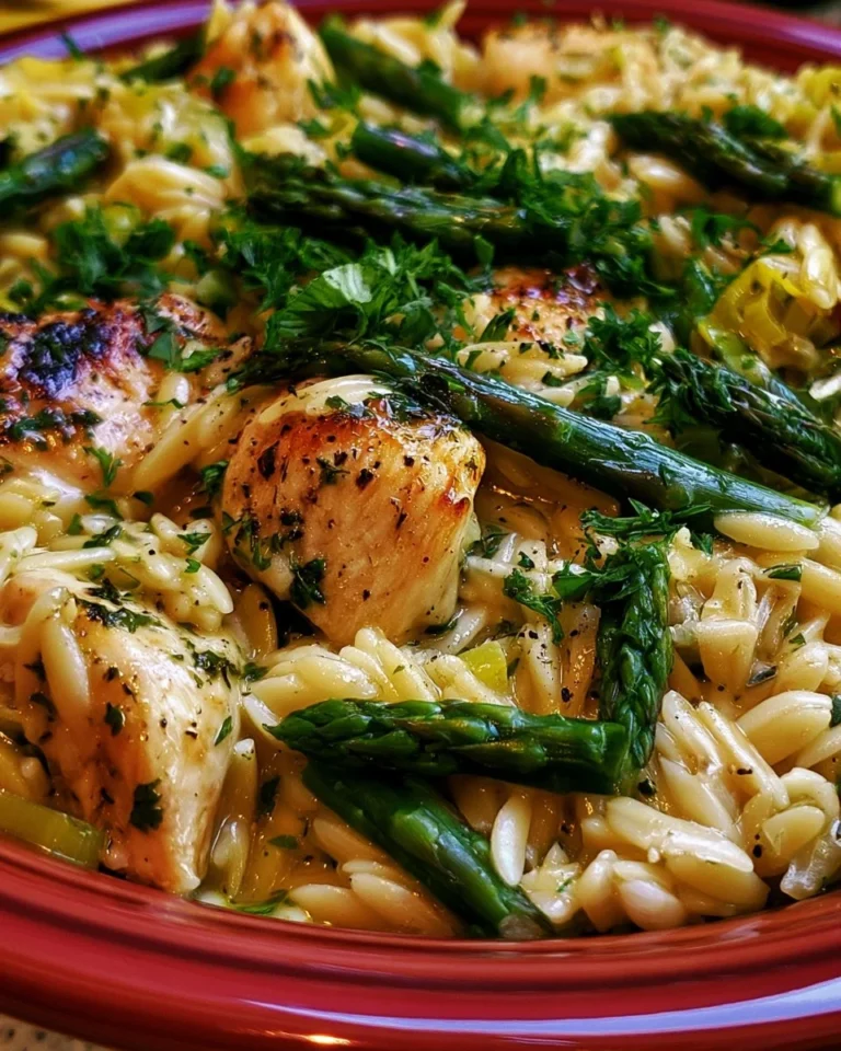 Plate of orzo with chicken and asparagus garnished with herbs