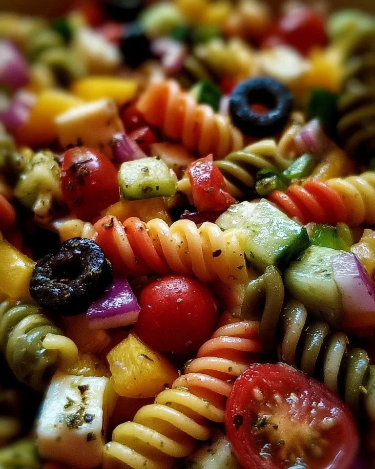A colorful bowl of Tri-Color Pasta Salad with fresh vegetables and dressing